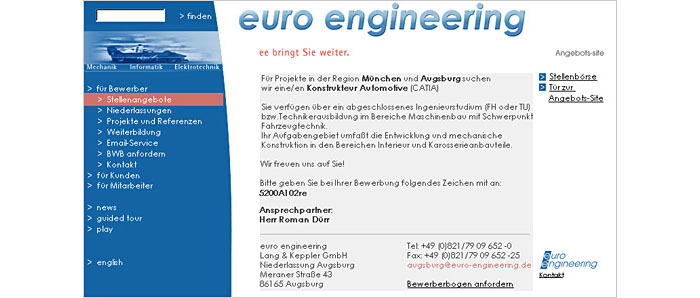 Internetauftritt euro engineeringim Jahr 2001