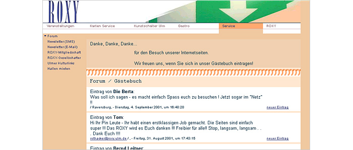 Einstiegsscreenshot vom ROXY Internetauftritt 2001